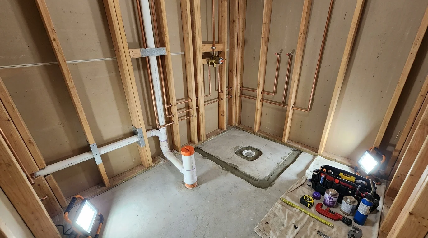 Bathroom rough-in plumbing during remodel by Johns Plumbing LLC in Shady Cove