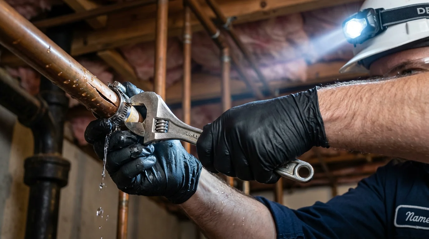 Emergency pipe clamp repair being performed by a Johns Plumbing LLC plumber in Shady Cove