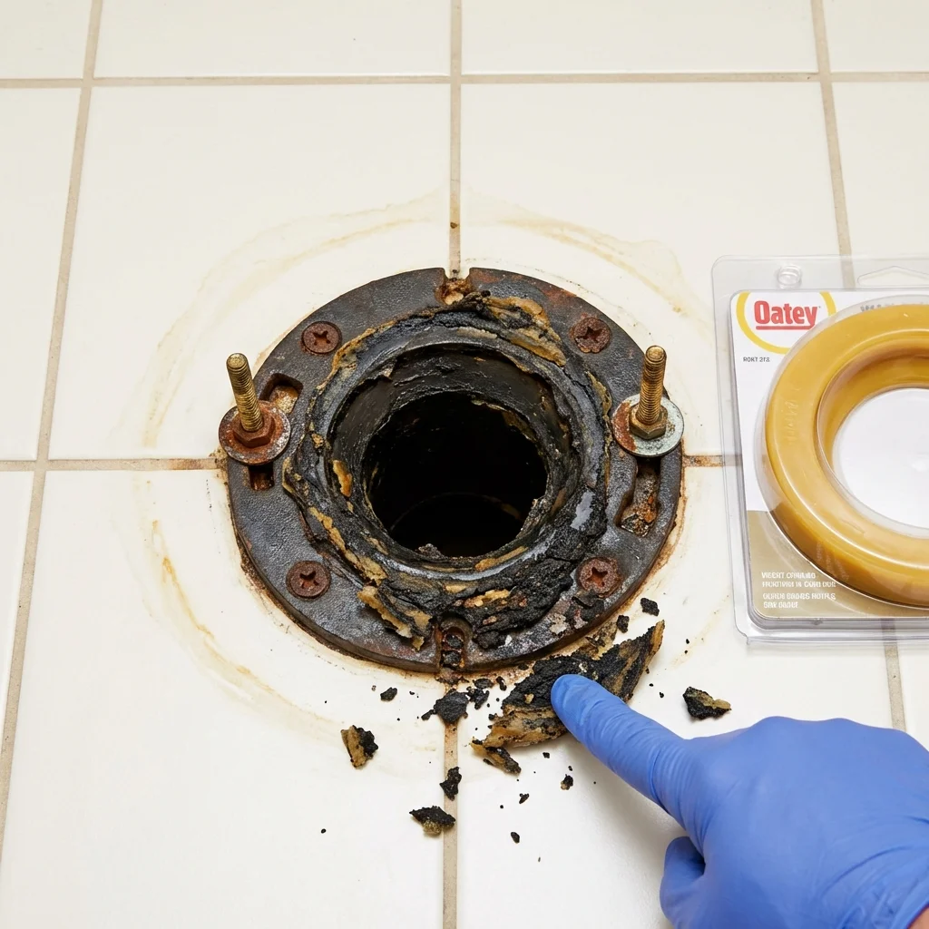 Failed wax ring showing water seepage at the base of a toilet in a Shady Cove, OR home
