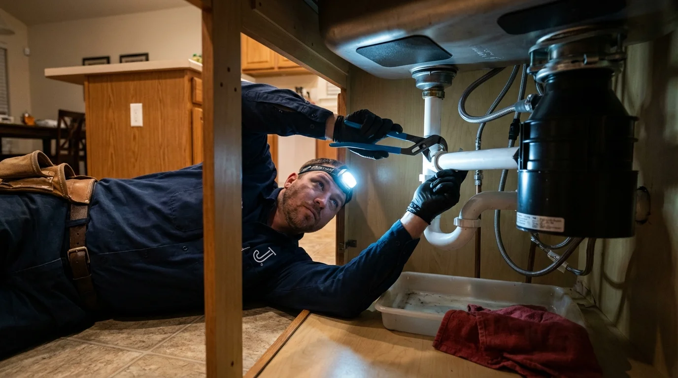 P-trap and supply line connections under a kitchen sink showing a common leak point in Shady Cove, OR